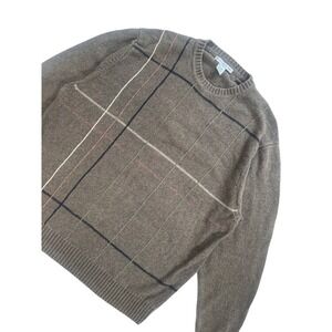 Geoffrey Beene Men's XXL Brown Plaid Grid Crewneck 100% Cotton Knit Sweater
